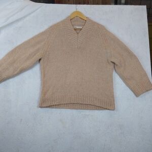 Zara Womens Chunky Tan Beige Knit Sweater V Neck Alpaca Wool Soft Cozy Sz. S/M